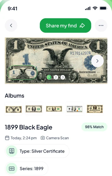 Note detail screen showing the scanned banknote, the album strip and the identified 1899 Black Eagle with its match confidence