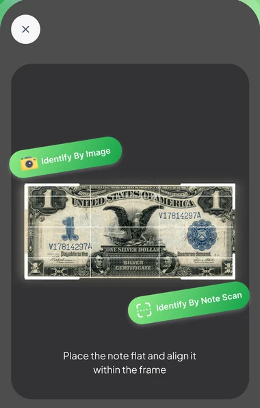 NoteBrain camera view with a banknote inside the scan frame and the instruction to lay it flat and align it within the frame
